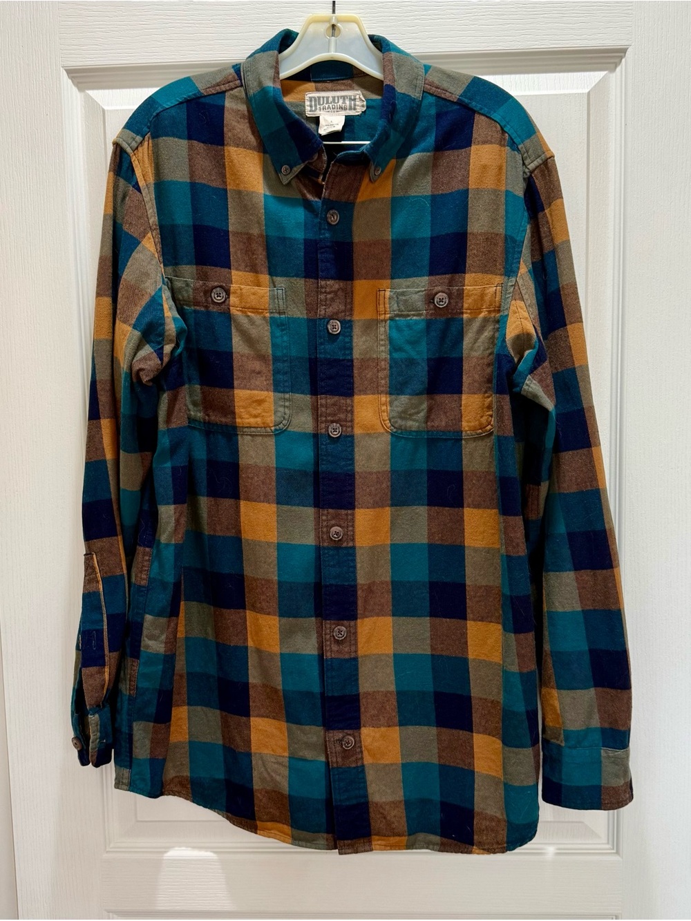 Duluth Trading Co Teal, Mustard & Navy Plaid Button-Down Slim Fit Shirt